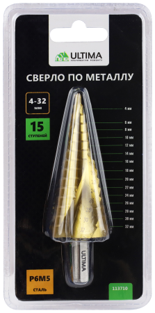 Сверло по металлу ступенчатое, Ultima, 4-32 мм, 15 ступеней, сталь P6M5 Сверло по металлу ступенчатое, Ultima, 4-32 мм, 15 ступеней, сталь P6M5