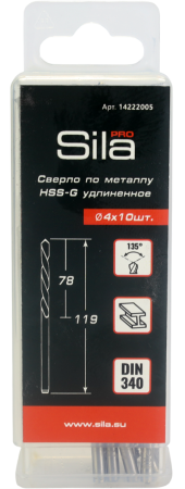Сверло по металлу профессиональное НSS-G DIN 340 удлиненное 4,0х78х119мм (1 уп-10 шт), Sila