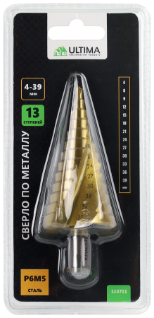 Сверло по металлу ступенчатое, Ultima, 4-39 мм, 13 ступеней, сталь P6M5 Сверло по металлу ступенчатое, Ultima, 4-39 мм, 13 ступеней, сталь P6M5