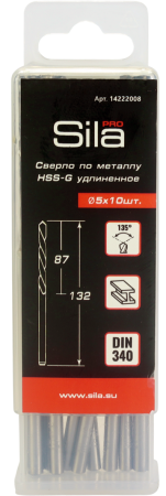Сверло по металлу профессиональное НSS-G DIN 340 удлиненное 5,0х87х132мм (1 уп-10 шт), Sila