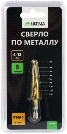 Сверло по металлу ступенчатое, Ultima, 4-12 мм, 9 ступеней, сталь P6M5 Сверло по металлу ступенчатое, Ultima, 4-12 мм, 9 ступеней, сталь P6M5