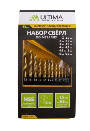 Набор нитридтитановых сверл по металлу Ultima, 1,5-6,5мм(через 0,5мм+3,2мм,4,8мм),НSS 13 шт в комплекте