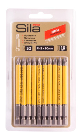 Биты Sila Pro, ph2*90мм, сталь S2, магнит., торсионные, 10 шт
