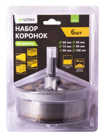 Набор коронок по дереву Ultima, 60-100мм/40 мм, 6 шт в наб.