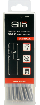 Сверло по металлу профессиональное НSS-G DIN 340 удлиненное 7,0х102х156мм (1 уп-10 шт), Sila