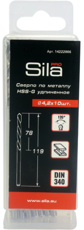Сверло по металлу профессиональное НSS-G DIN 340 удлиненное 4,2х78х119мм (1 уп-10 шт), Sila