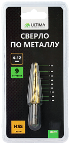 Сверло по металлу ступенчатое, Ultima, 4-12 мм, 9 ступеней, сталь HSS
