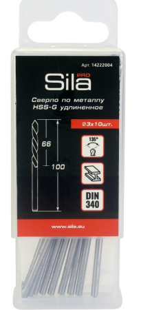 Сверло по металлу профессиональное НSS-G DIN 340 удлиненное 3,0х66х100мм (1 уп-10 шт), Sila